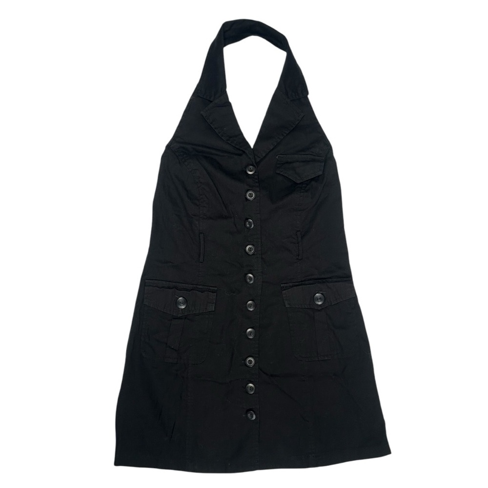 Denim Rock Y2K Solid Black Cotton Button Down Halter Denim Mini Dress Large
